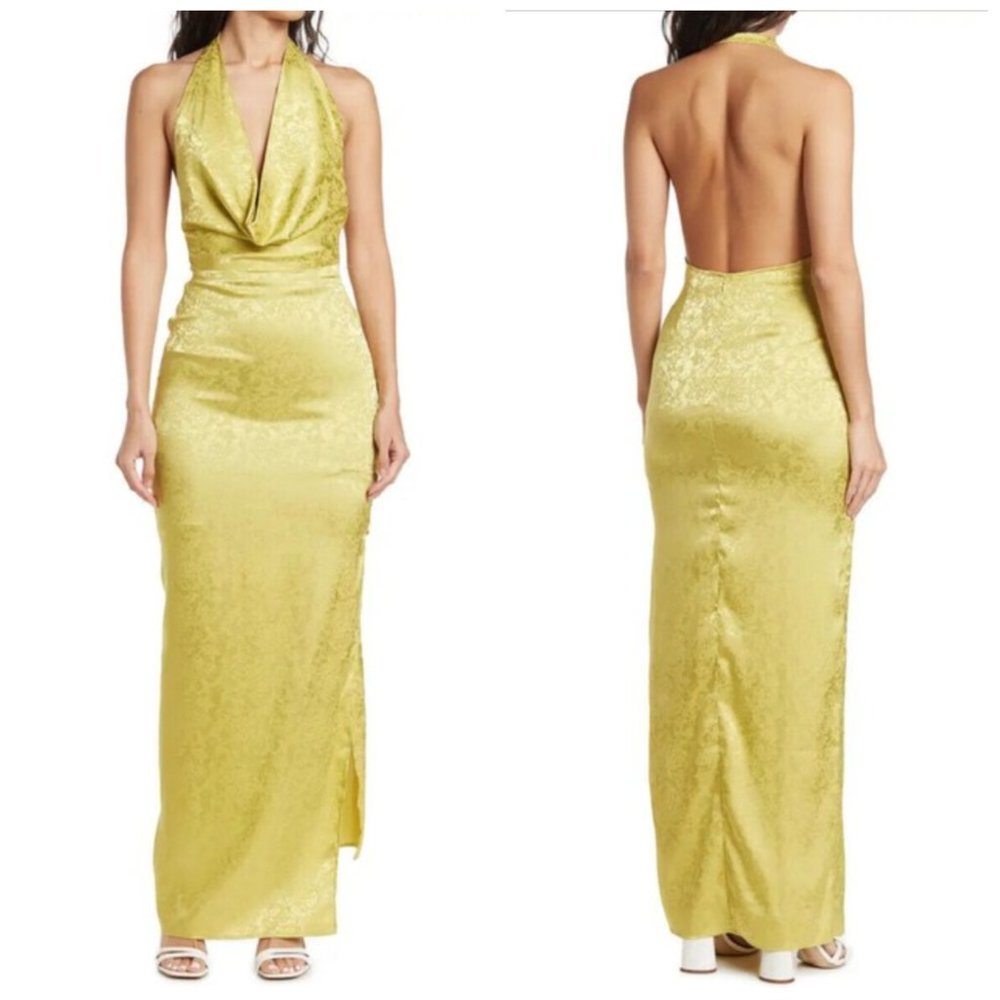 Ronny Kobo Green Floral Jacquard Cowl Neck Maxi Slip Dress